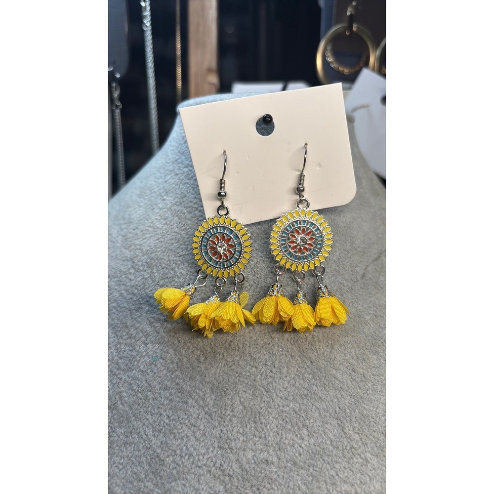 #21. Bohemian Yellow Tassel Sunburst Drop Earrings
